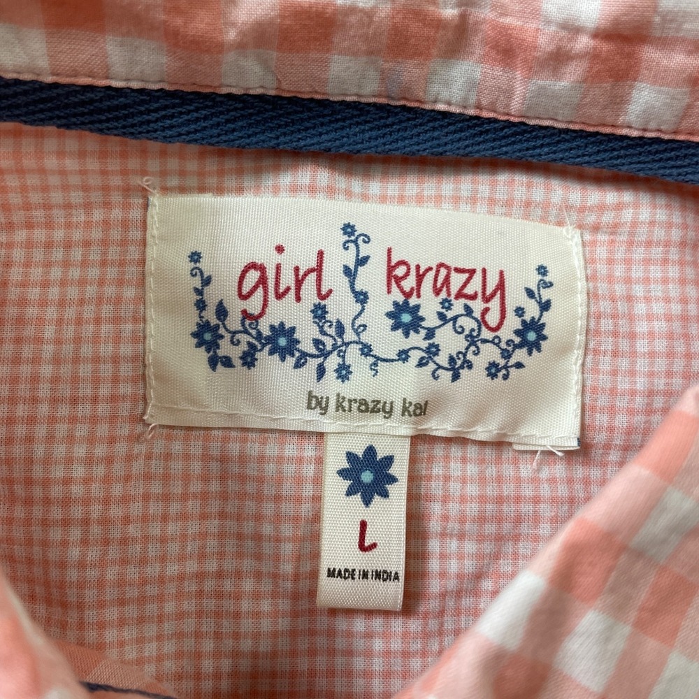 Girl Krazy Large Orange Check Blousr Roll Tab Sleeve 100% Cotton - Picture 3 of 5